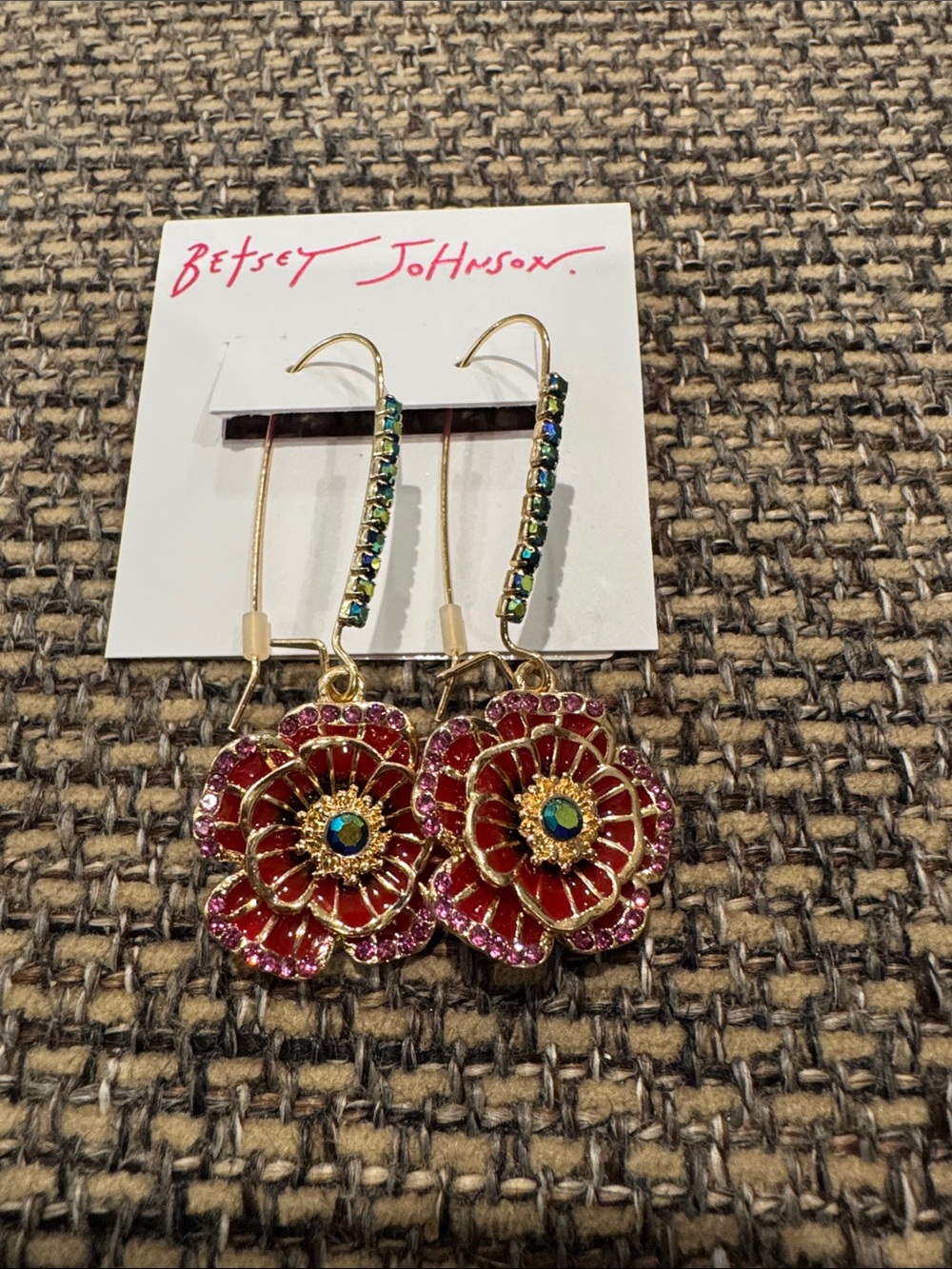 Betsey Johnson Pink Floral Drop Earrings with Multicolor Accents